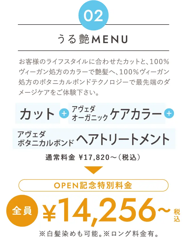 うる艶Menu お客様のライフスタイルに合わせたカットと、１００％ヴィーガン処方のカラーで艶髪へ、１００％ヴィーガン処方のボタニカルボンドテクノロジーで最先端のダメージケアをご体験下さい。「カット」+「アヴェダオーガニックケアカラー」+「アヴェダボタニカルボンドヘアトリートメント」通常料金 ¥17,820～（税込）→Open記念特別料金 全員 ¥１４,２５６～税込 ※白髪染めも可能。※ロング料金有。