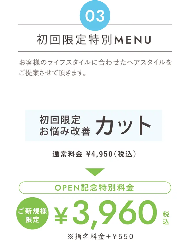 初回限定特別Menu カットお客様のライフスタイルに合わせたヘアスタイルをご提案させて頂きます。「初回限定お悩み改善」通常料金 ¥4,950（税込）→Open記念特別料金 ご新規様限定 ¥3,960税込 ※指名料金＋￥５５０